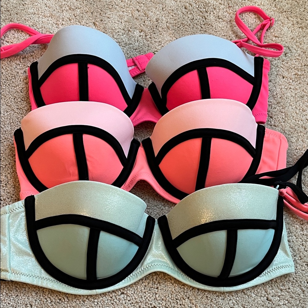 Victoria's Secret Pink, Coral and Mint color block bikini tops